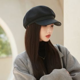 Korean Hat British Retro Leather Along Octagonal Cap (Option: MM1532 Black-Free Size)