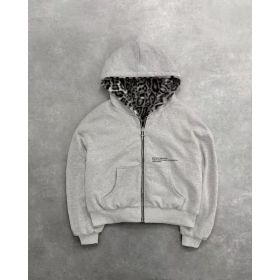 Hooded Hoodie Two Sides Can Wear Vintage Leopard Print Zipper Hoodie (Option: Gray-S)