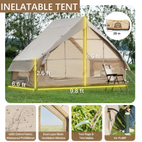 Inflatable Tent With Pump,Glamping Tents For 4-6 Person, Easy Setup 4 Season Waterproof Outdoor Tent (Color: Khaki)